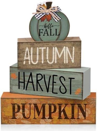 Lineshading 4 Pcs Fall Wood Block Signs Pumpkin Harvest Tiered Tray Decor