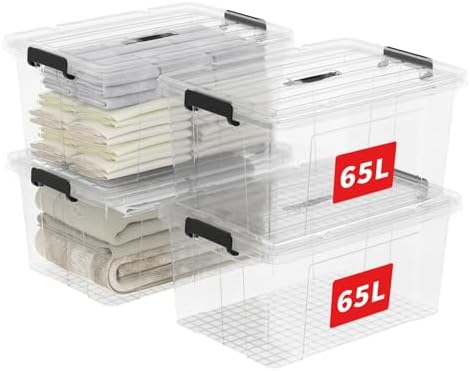 Cetomo Lidded Storage Bin with Handle, Storage Bins with Lid, Organizing Container with Secure Latching Buckles, Stackable and Nestable, Plastic, 72 Quart-4 Pack, Clear