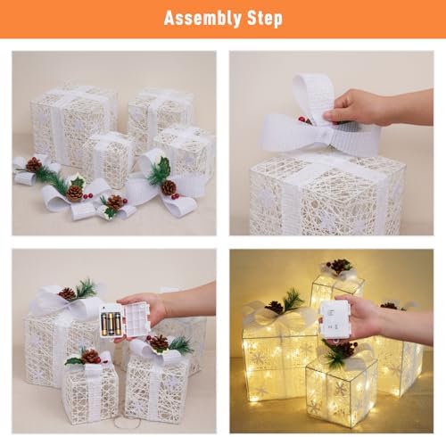 Set of 4 Christmas Lighted Gift Boxes, White Snowflake Holiday Decor