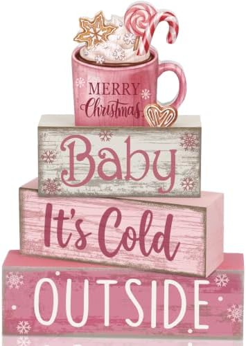 Moucuny 4 Pcs Pink Christmas Table Decor Wooden Hot Chocolate Cocoa Decor