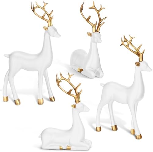 Thyle 4 Pcs Christmas Reindeer Decor Indoor Small White Resin Deer Figurine