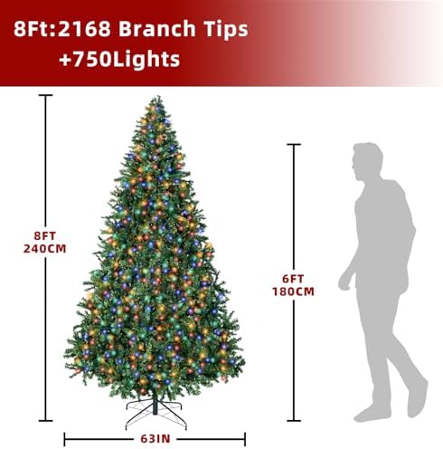 8FT Prelit Christmas Artificial Tree with Led Lights, Lighted Xmas Tree