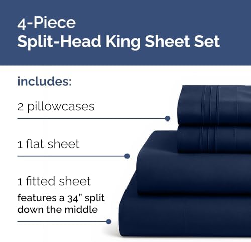 Flex Top Split Head King 4 Piece Sheet Set - Soft & Breathable - Navy Blue
