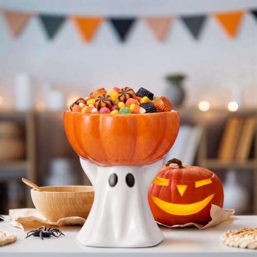 Rtteri Halloween Ghost Candy Bowl Ceramic Ghost Pumpkin Candy Dish 6.8 in