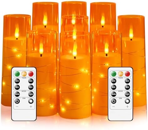 kakoya Flameless LED Candles with Timer 9 Pc Flickering Flameless Candles for Romantic Ambiance and Home Decoration Stable Acrylic Shell,with Embedded Star String，Battery Operated Candles（Orange）