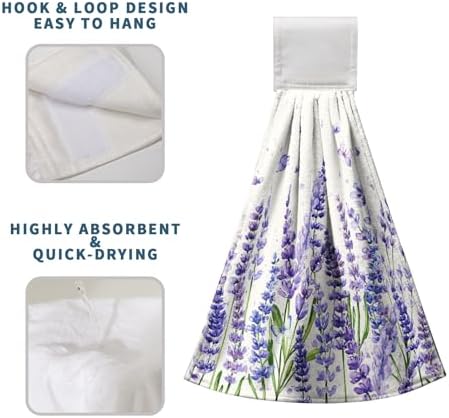 Lavender Kitchen Hanging Towels Set of 2 Purple Floral Hand Towel with Loop Spring Summer Flower Dish Cloth Dry Towel Soft Absorbent Fingertip Bath Tie Towel for Bathroom Farmhouse Decor