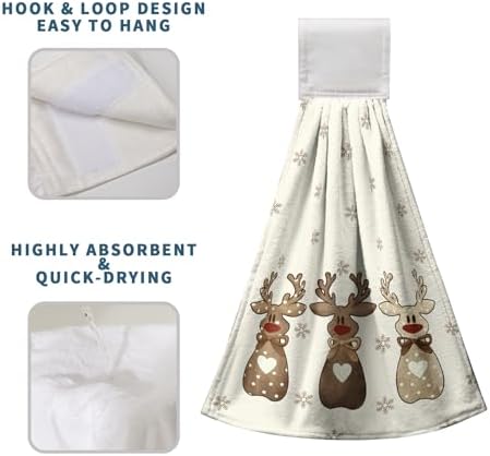 2 Pcs Christmas Reindeer Snowflakes Kitchen Towels with Hanging Loops Xmas Brown Elk Deer Hand Tie Towel Fast Drying Dish Cloth Soft Absorbent Hand Towel for Bathroom Kitchen