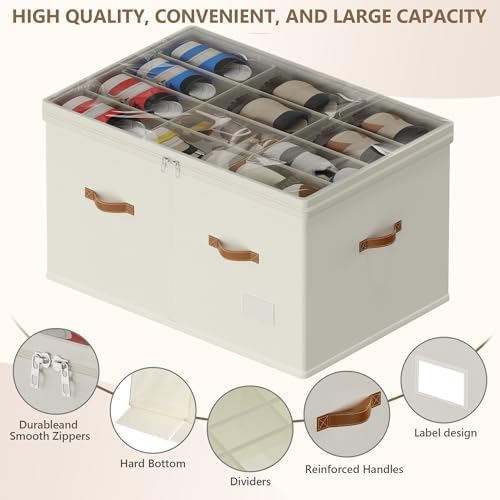 Vincona Shoe Organizer for Closet, 2 Pack Foldable Shoe Storage Bins with Clear Cover & Handles, 16-Compartment Shoe Box for Sneakers, Heels, Boots, Space-Saving Shoe Rack for Entryway, Dorm, RV