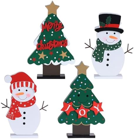 DECSPAS Christmas Decorations Indoor, 4 PCS Wood Christmas Trees & Snowmen for Centerpiece Table Decorations, Wooden Tiered Tray for Xmas Decor, Home, Winter, Tabletop, Mantel, Shelf, Gifts