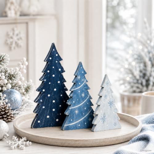 Christmas Table Decorations Blue Wooden Mini Xmas Tree Tiered Tray Decor