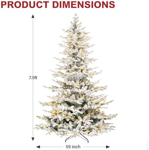 Hykolity 7.5 ft Snow Flocked Aspen Fir Christmas Tree, Prelit Artificial Christmas Tree with 450 Warm White Lights, 1173 PE & PVC Branch Tips, Metal Stand and Hinged Branches