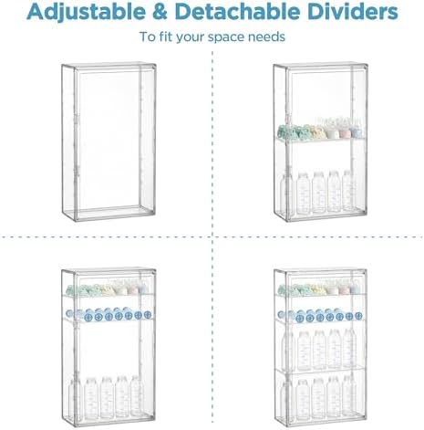 HBlife Baby Bottle Storage Organizer for Wall Countertop Cabinet, 4 Tiers Adjustable Clear Acrylic Bottles Storage Station Case Box Container with 3 Removable Dividers and Magnetic Door, Large