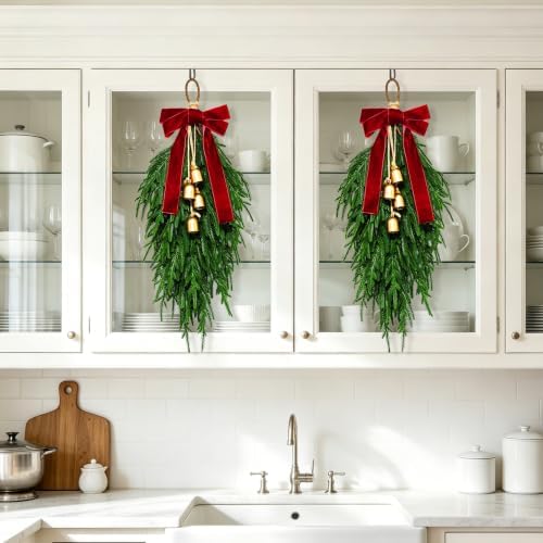 Christmas Teardrop Swag, Christmas Pine Needles Front Door Wreath,Bow Bells
