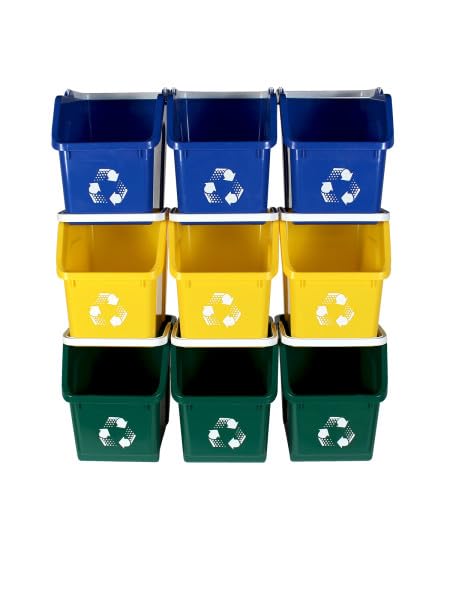Multi Bin Recycling System with Three Stackable 6 Gallon Recycle Bins for Kitchen Use – Recycling Trash Can Set for Office, Garage, Businesses (9 Pack, Blue/Yellow/Green)