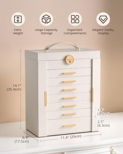 Lolalet Large Jewelry Box, 8-Layer Jewelry Organizer with 7 Drawers -Beige