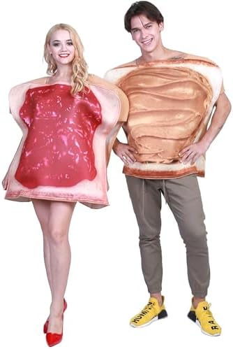 Kute 'n' Adult Peanut Butter and Jelly Costume Set, Funny PB&J Sandwich Halloween Couple Costumes for Women and Men, Set of 2, One Size