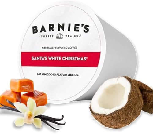 Barnie's Coffee Santa's White Christmas Single Serve Coffee Pods with Coconut, Vanilla, and Caramel Flavors, Medium Roast Arabica Coffee Beans Compatible with Keurig Brewers, 48 Count
