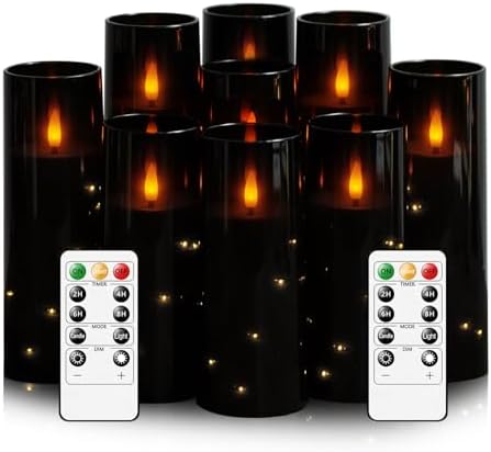 kakoya Flameless LED Candles with Timer 9 Pc Flickering Flameless Candles for Romantic Ambiance and Home Decoration Stable Acrylic Shell,with Embedded Star String,Battery Operated Candles（Black）