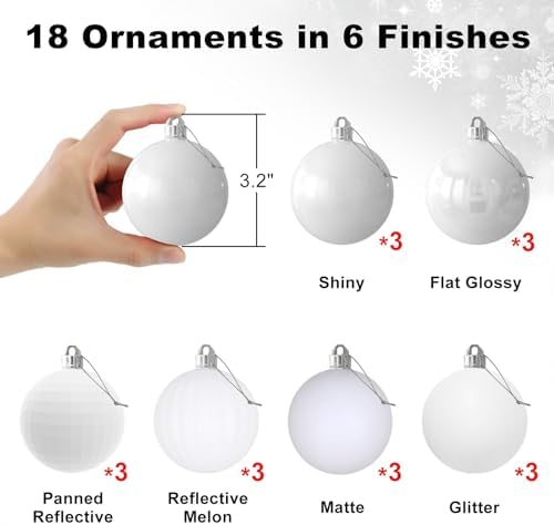 White 3.2" Large Christmas Balls - Christmas Tree Decoration Ornaments Shatterproof Hanging Balls for Birthday Halloween Holiday Wedding Decorations Set of 18pcs
