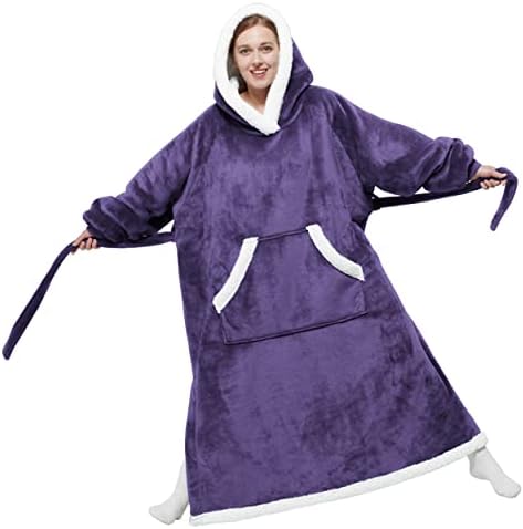 Bedsure Wearable Blanket Hoodie, Long Hooded Blanket Sweatshirt as Birthday Gifts for Women, Cozy Sherpa Hoodie for Adult, Small, Dark Purple