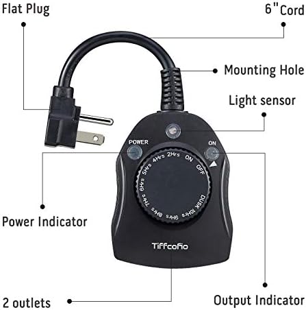TiFFCOFiO Outdoor Timer Outlet, Dusk to Dawn Light Sensor Timer Weatherproof, 2 Grounded Outlets for Halloween and Christmas Lights, 15A 1/2HP, ETL Listed