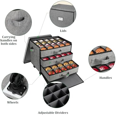 Lukeline Christmas Ornament Storage Box with Wheels, Stackable Christmas Ornament Organizer with 3 Drawer Trays, Openable Ornament Organizer for Storing Decorations, Portable Christmas Ball Box