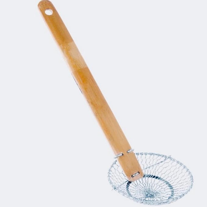 4-Inch Galvanized Steel Spider Strainer – Fine Mesh Skimmer with Natural Bamboo Handle for Cooking & Frying, Ideal for Home & Professional Kitchens