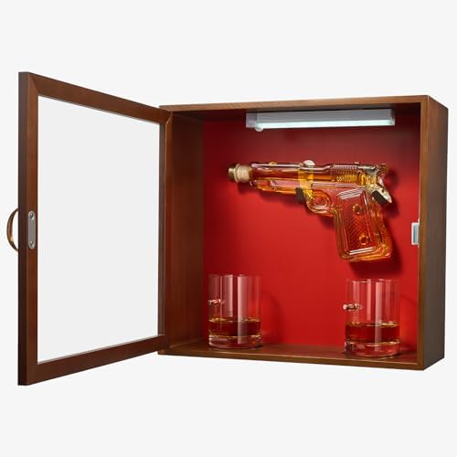 The Wine Savant Pistol & Bullet Shot Glasses Hanging Wall Display Case With Light - 7.7 Pistol Gun Decanter & 10oz Glassware - Military, Veteran Gifts, Law Enforcement Home Bar, Drinking Accessories