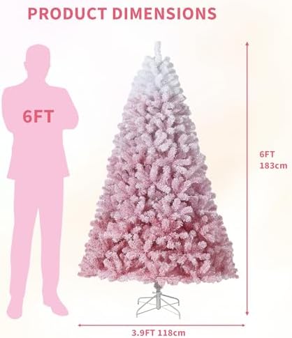 GarveeHome 6 ft Prelit Artificial Christmas Tree with 250 RGB & Warm White Lights, Pre-Lit Snow Flocked Christmas Tree, Foldable Base,Holiday Decoration for Home, Office, Party,Pink Gradient