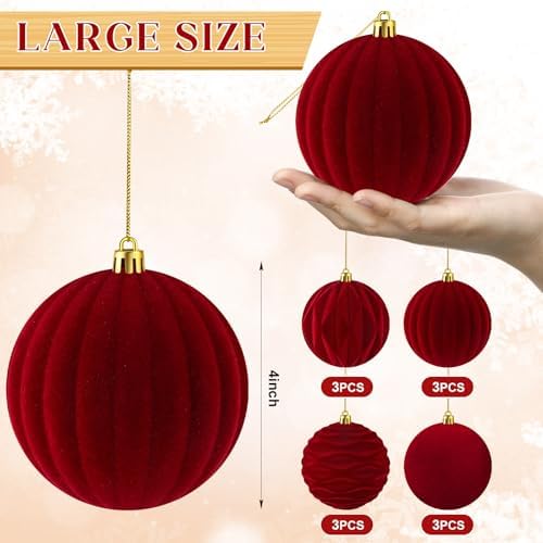 Liliful 4 Inch 12 Pcs Velvet Christmas Ornaments Balls, Wine Red