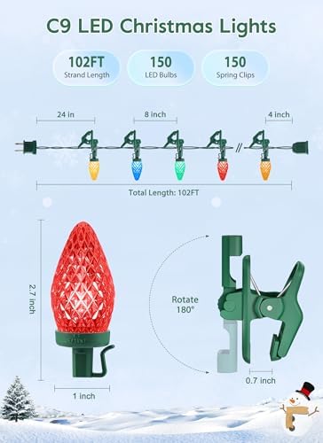C9 Christmas Lights Outdoor, 102FT 150 LED String Lights with Spring Clips