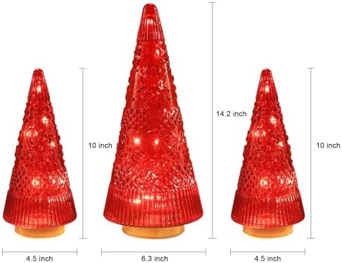 PHITRIC Christmas Decorations Indoor, 3 PCS Sparkling Glass Red Christmas Tree Table Centerpieces Decor with LED Lights and Timer, Xmas Tree Decorations for Home, Mantel, Shelf, Office, Tabletop