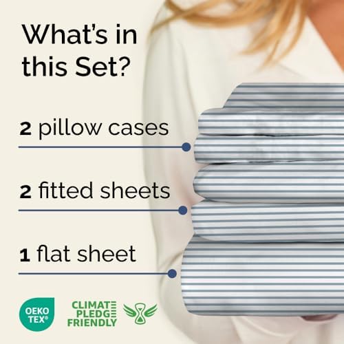 Split King 5 Piece Striped Sheet Set - Breathable & Cooling - Ocean Stripe