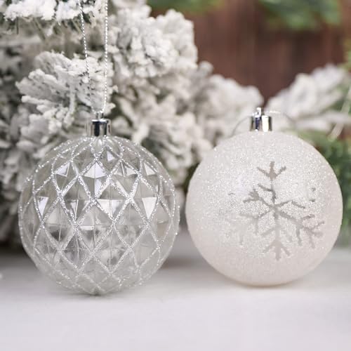 SHareconn 12ct 3.15 Inch Christmas Tree Balls Ornaments, Silver&White, 80mm