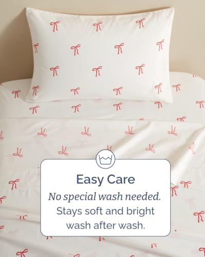 Christmas Sheet Set, Dainty Red Bows, Holiday Xmas Bedding Set - Twin Size