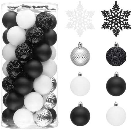 Valery Madelyn Christmas Tree Decorations Ornament Set for Fall Halloween Decor, 50ct Black and White Shatterproof Christmas Ball Ornaments Bulk, 2.36 Inches Hanging Decor for Xmas Holiday Party