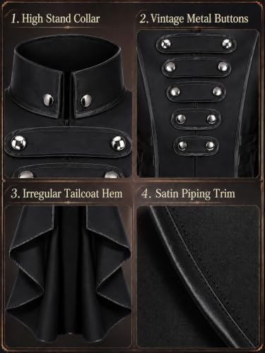 AI'MOURI Gothic Tailcoat Halloween Costumes for Women, Medieval Irregular Hem Steampunk Corset Victorian Tailcoat Jacket