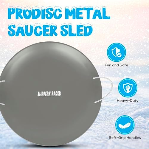 Slippery Racer ProDisc 26 Inch Heavy Duty Aluminum Iron Alloy Metal Kids Winter Saucer Snow Sled with Dual Riveted Soft Grip Rope Handles