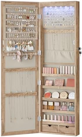 SONGMICS 6 LEDs Mirror Jewelry Cabinet, 47.2-Inch Tall, Lockable