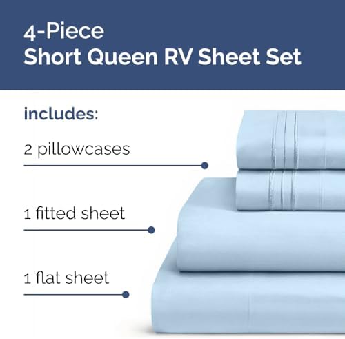 Short Queen Size 4 Piece Bed Sheet Set - RV Short Queen Sheets - Light Blue