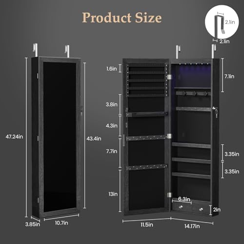 DUMOS 6 LEDs Mirror Jewelry Organizer Cabinet, Jewelry Armoire, 47.2 Inch