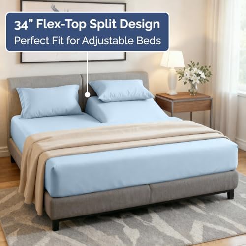Flex Top Split Head King 4 Piece Sheet Set - Soft & Breathable - Light Blue