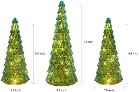 PHITRIC Christmas Decorations Indoor, 3 pcs Sparkling Glass Christmas Tree with LED Lights and Timer, Tabletop Christmas Tree Decor, Xmas Tree Decorations for Living Room, Fireplace, Table, Home