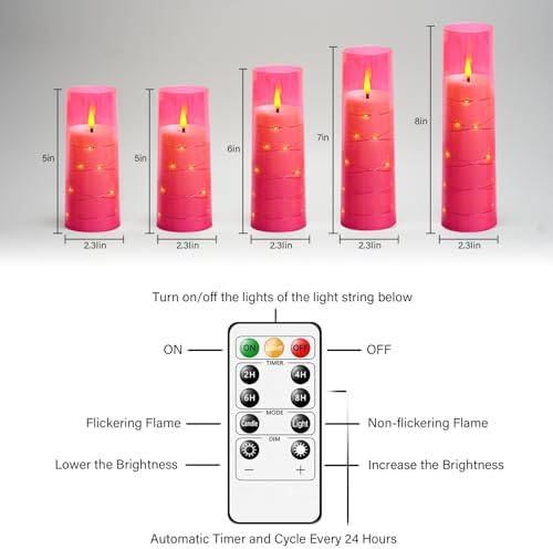 kakoya Flameless LED Candles with Timer 5 Pc Flickering Flameless Candles for Romantic Ambiance and Home Decoration Stable Acrylic Shell,with Embedded Star String，Battery Operated Candles(Pink)