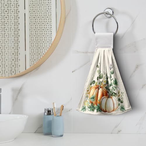 Fall Autumn Hanging Kitchen Towels Thanksgiving Pumpkin Hand Towel with Hanging Loop Vintage Checkered Plaid Dish Towels Soft Absorbent Fingertip Bath Tie Towel for Bathroom Decorative Set of 2