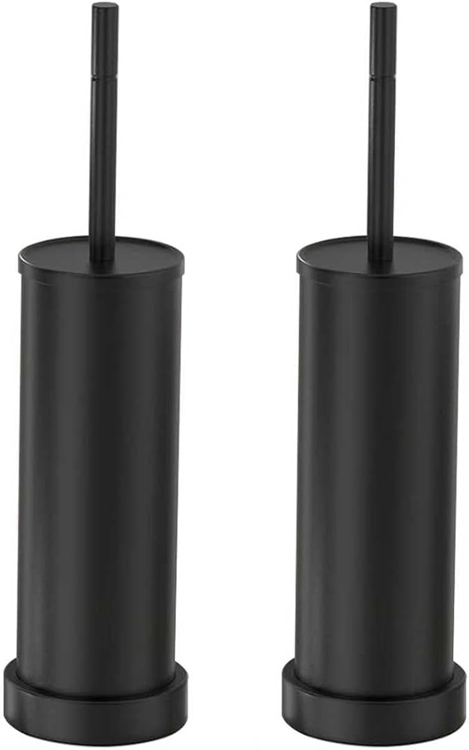 2 PCS Black 304 Stainless Steel Toilet Brush and Holder Set, Long Handle Deep Cleaning Toilet Scrubber with Splash Protection, Weighted Base & Non-Scratch Sponge, Minimalist Bathroom Accessory