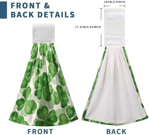 St Patricks Day Clover Hanging Kitchen Towel Green Lucky Shamrocks Hand Towels with Loop Set of 2 Tea Bar Dish Cloths Soft Absorbent Durable Tie Towel for Bathroom Decor 12 x 17 in