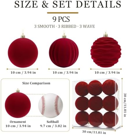 9Pcs Red Velvet Christmas Ornaments 3.94 in Balls for Christmas Tree Deco