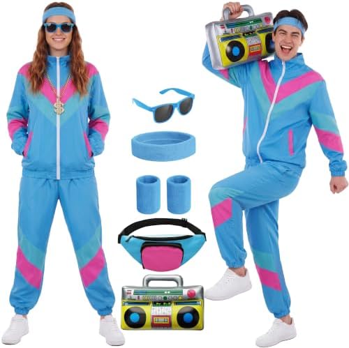 SOMSOC 80s Tracksuit for Men Women Halloween Costume Retro Windbreaker Set Neon 90s Outfit Couple Jogger Suit