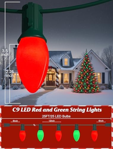 SUNSGNE C9 Red and Green Christmas Lights, 25FT Glass Ceramics Christmas Tree Lights with 26 7W Red White Glass Bulbs(1 Spare) for Backyard Patio Balcony Xmas Decor, Green Wire